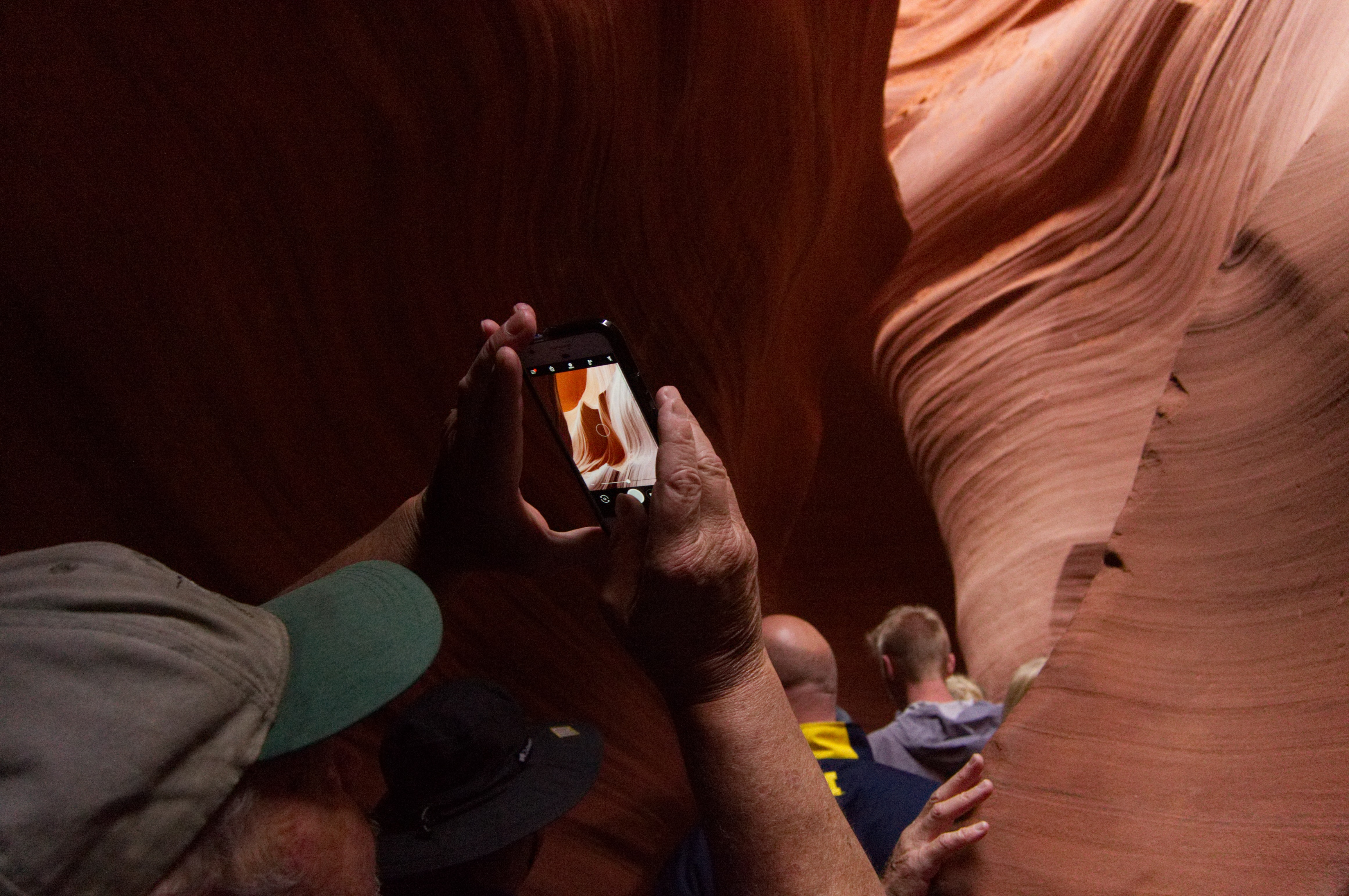 A phone being held up to a canyon to take a photo.
